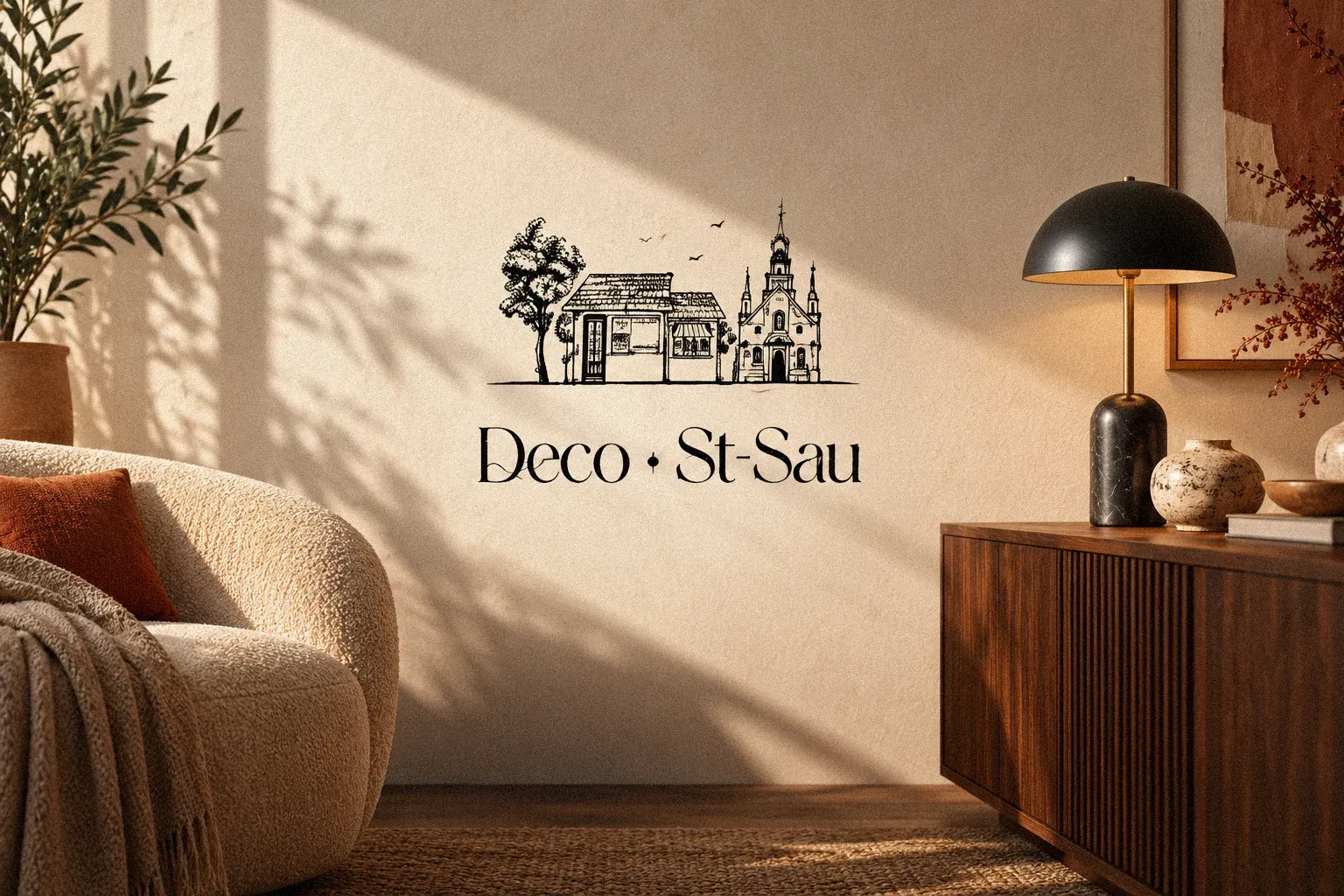 Deco St-Sau: شعار Deco St-Sau على جدار غرفة معيشة بإضاءة دافئة