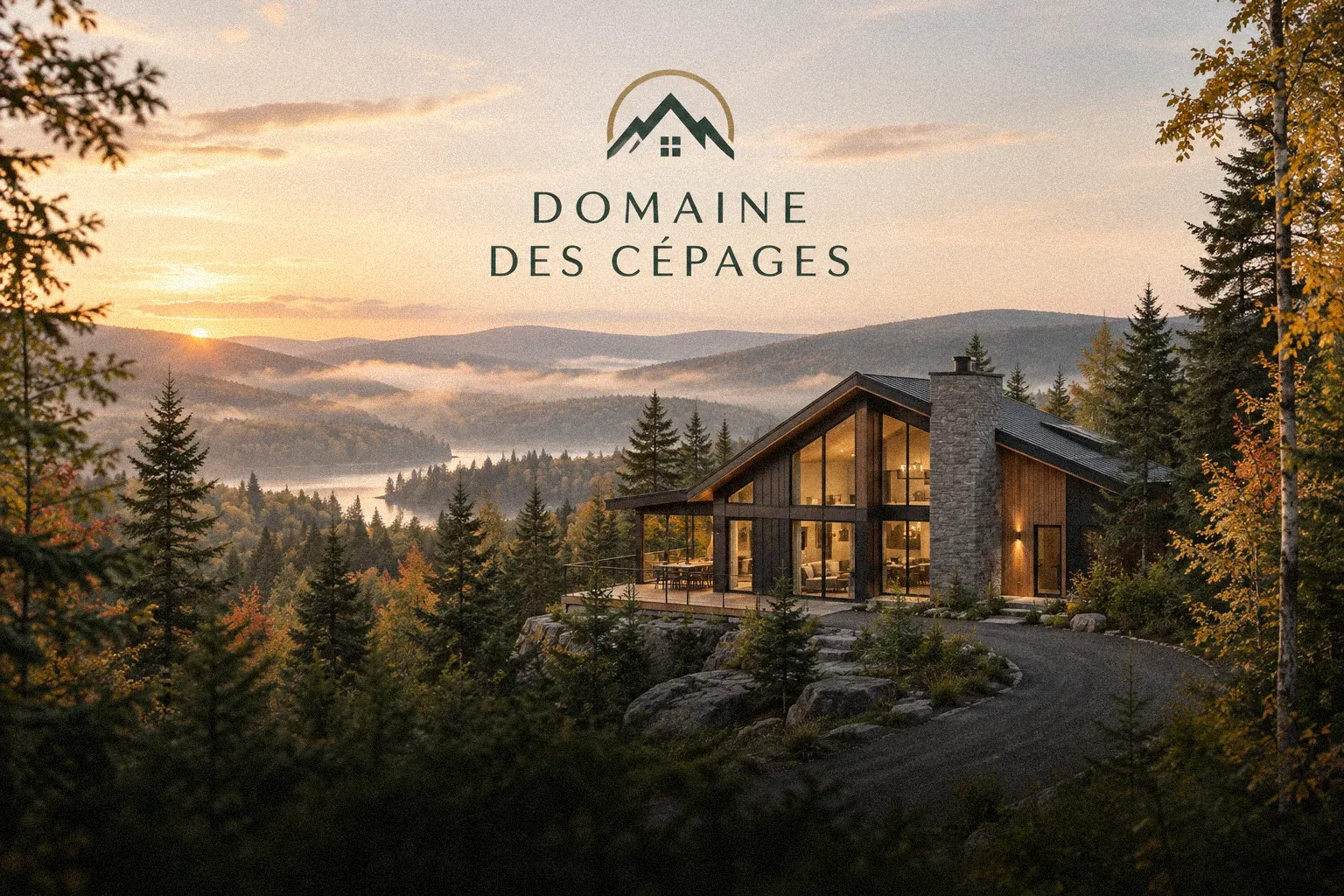 Domaine des Cépages: the Domaine des Cépages logo over a timber house in a forested valley at sunset