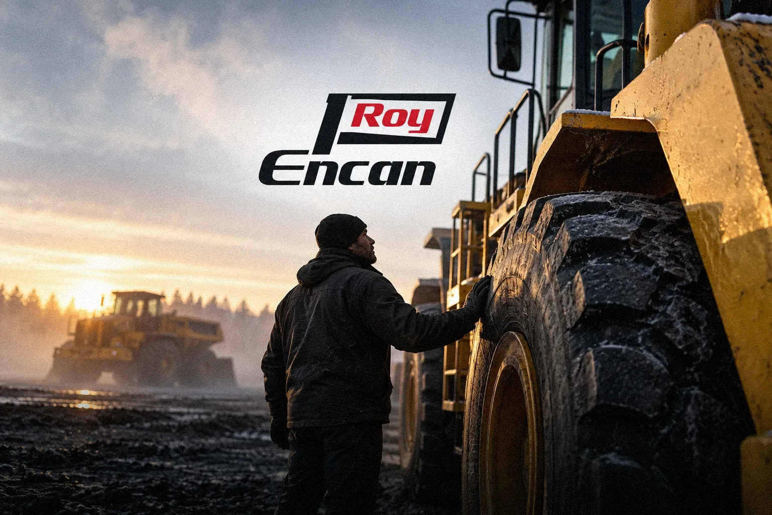 Encan Roy: the Encan Roy logo over a man beside a loader tyre at sunrise