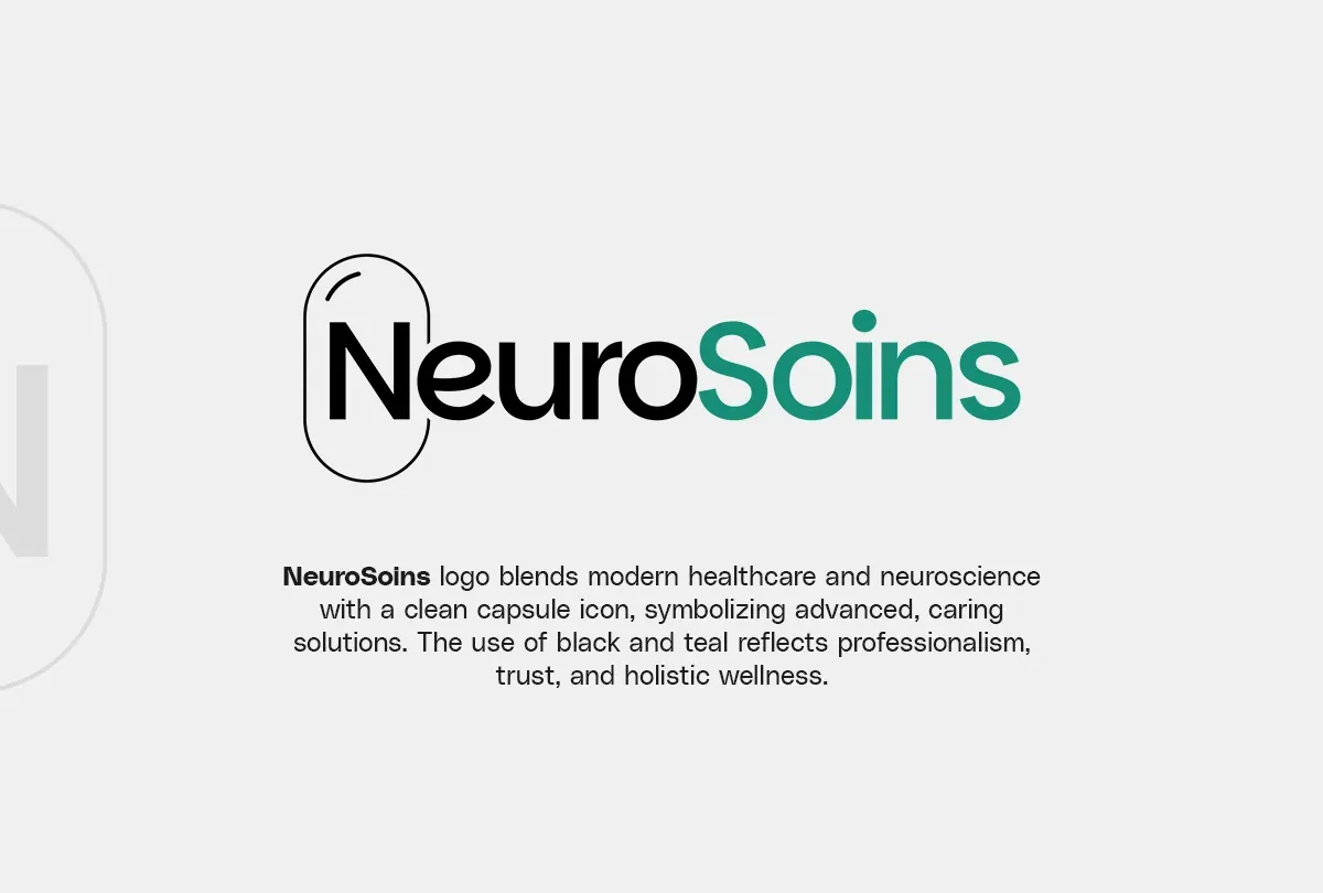 NeuroSoins logo in black and teal, with the thinking behind the capsule