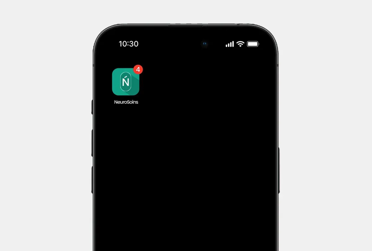 NeuroSoins app icon, the capsule N, on a phone home screen