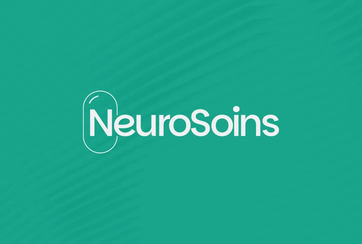 NeuroSoins: الشعار الأبيض، وكبسولة مرسومة حول حرف N، على لون العلامة الفيروزي