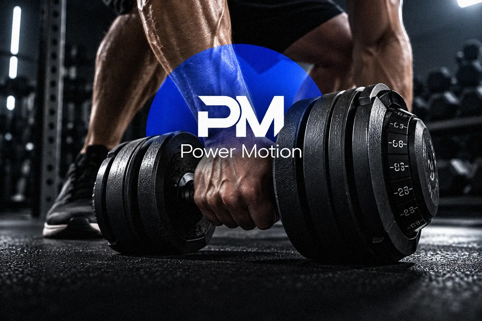Power Motion: علامة PM فوق رياضي يرفع دمبل